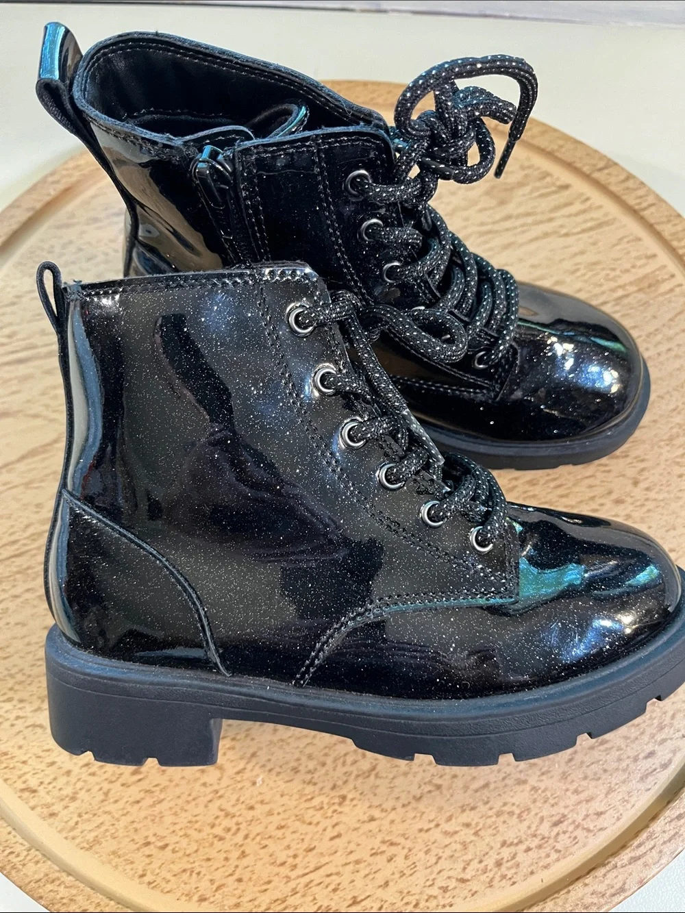 Old Navy Black Glitter Lace-Up Patent Ankle Boots for Kids